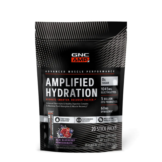 GNC AMP Hydration Mix – Recuperación Muscular y Soporte Digestivo | 20 Sobres | Sabor Açaí Frutos Rojos